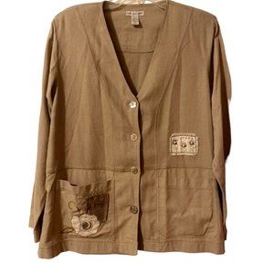 C.A. Sport Tan Silk Floral Embroidered Button Up Lightweight Jacket Size Medium